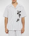 DOLCE & GABBANA MEN'S STRIPED FLORAL EMBROIDERY CAMP SHIRT