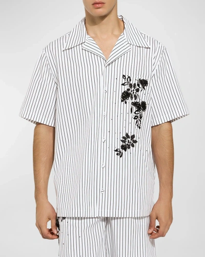 Dolce & Gabbana Floral-print Striped Shirt In White