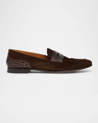 DOLCE & GABBANA MEN'S SUEDE AND ALLIGATOR PENNY LOAFERS