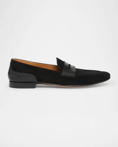 DOLCE & GABBANA MEN'S SUEDE AND ALLIGATOR PENNY LOAFERS