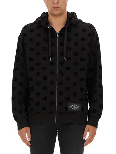 Dolce & Gabbana Men Sweatshirt With Allover Logo In Black