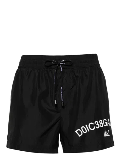 Dolce & Gabbana Men Swim Shorts With Drawstring And Logo Print In Black