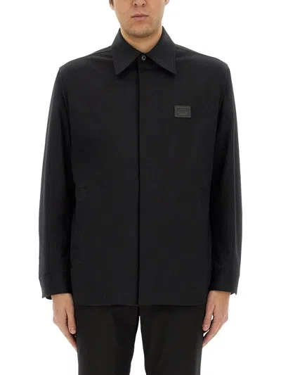 Dolce & Gabbana Men Technical Fabric Shirt With Plaque In Black