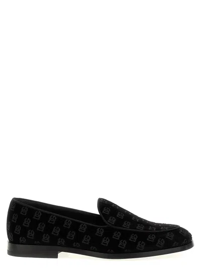Dolce & Gabbana Black Dg Crown Embroidery Loafers Slip On Shoes