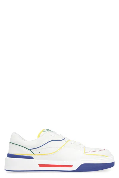 DOLCE & GABBANA MEN'S WHITE LEATHER SNEAKERS WITH CONTRAST COLOR INSERTS AND ROUND TOELINE