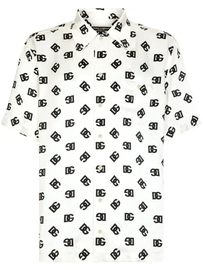 Dolce & Gabbana Mens White Silk Monogram Satin Shirt For Ss24