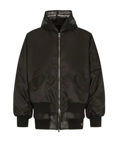 Dolce & Gabbana Nylon Jand Mesh Jacket With Hood In Black