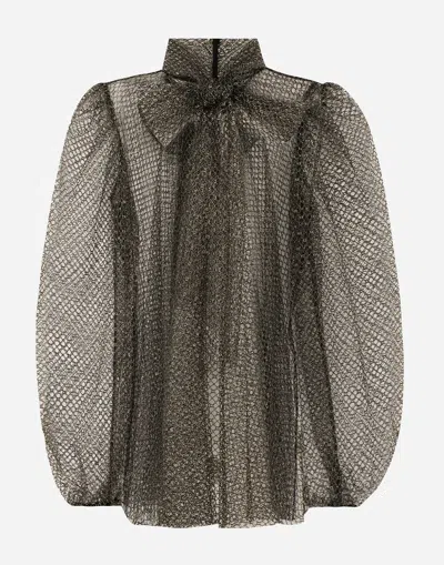 Dolce & Gabbana Mesh Pussy-bow Blouse In Gold