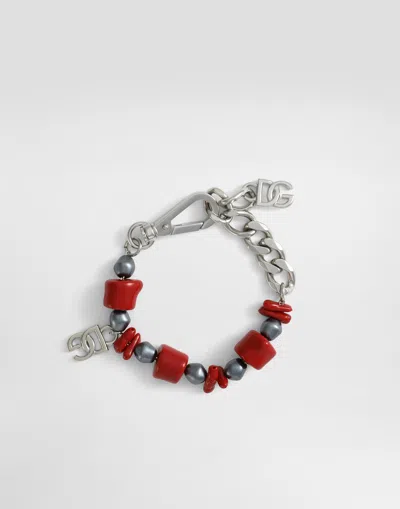 Dolce & Gabbana Metal Bracelet With Coral Details And Logo In Silver