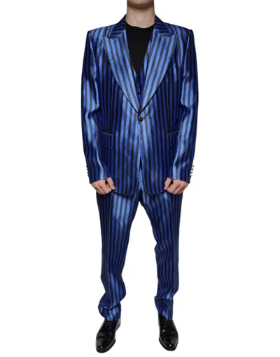 Pre-owned Dolce & Gabbana Metallic Blue Stripes Formal 3 Piece Men's Suit ()