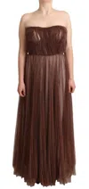 Dolce & Gabbana Metallic Bronze Polyester Maxi Gown Dress In Brown