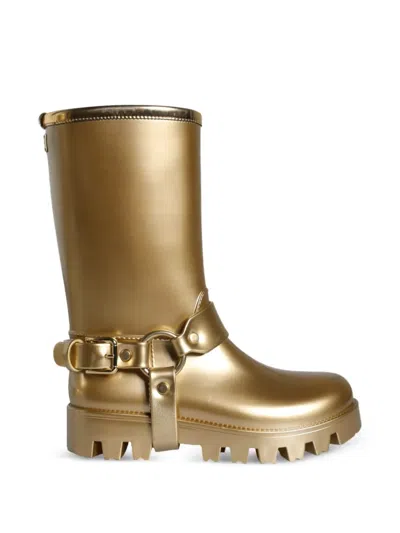 Dolce & Gabbana Knee High Rubber Rain Boots Lug Sole In Gold