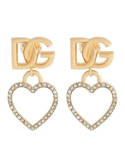 Dolce & Gabbana Metallic Earings With Logo Plaque And Heart Pendant In Brass And Glass Woman In Gold