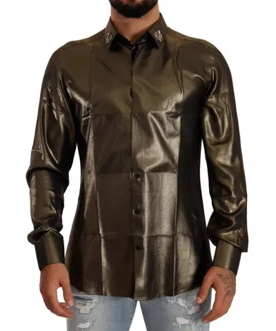 Pre-owned Dolce & Gabbana Metallic Gold Dg Embroidered Crown Silk Top Men's Shirt ()