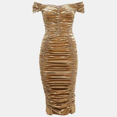 Pre-owned Dolce & Gabbana Metallic Gold Lame Ruche Off-shoulder Dress M