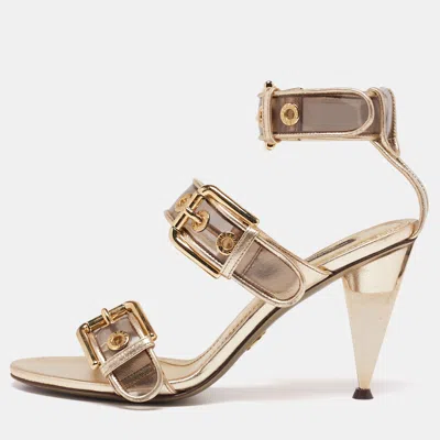 Pre-owned Dolce & Gabbana Metallic Gold Leather And Pvc Ankle Cuff Sandals Size 37.5