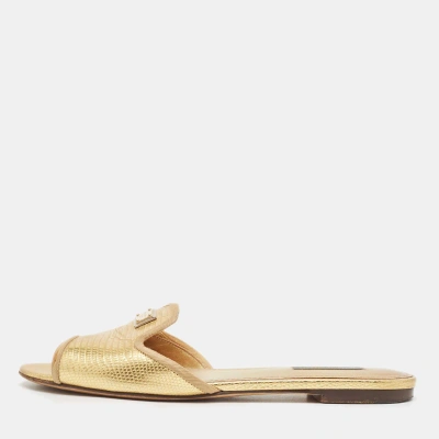 Pre-owned Dolce & Gabbana Metallic Gold Lizard Embossed Leather Flat Slides Size 37.5