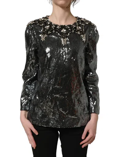 Dolce & Gabbana Metallic Gray Sequin Embellished Blouse Top In Black