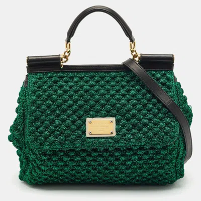 Pre-owned Dolce & Gabbana Metallic Green Crochet Lurex Fabric Large Miss Sicily Top Handle Bag