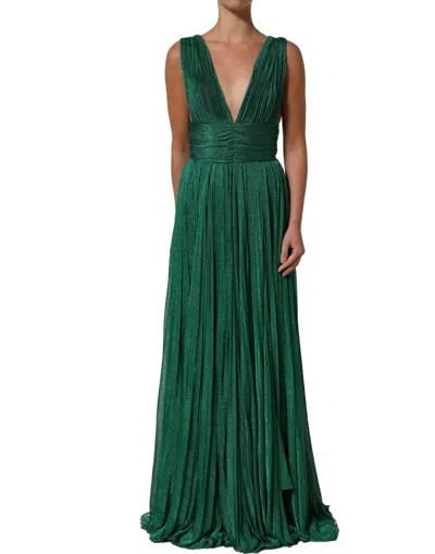 Pre-owned Dolce & Gabbana Metallic Green Sleeveless Plissé Gown Women's Dress ()