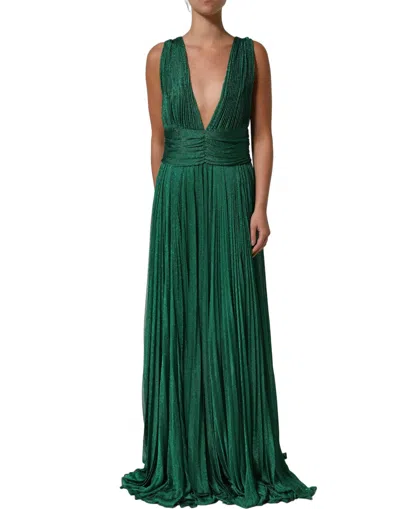 Pre-owned Dolce & Gabbana Metallic Green Sleeveless Plissé Gown Women's Dress ()