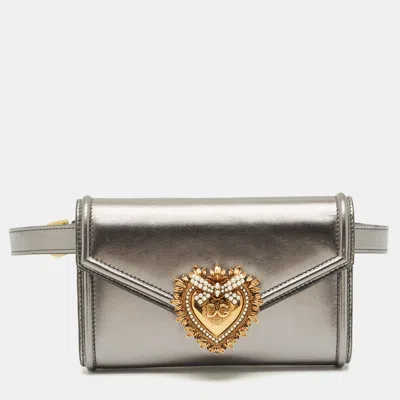 Pre-owned Dolce & Gabbana Metallic Grey Leather Devotion Belt Bag In Gray