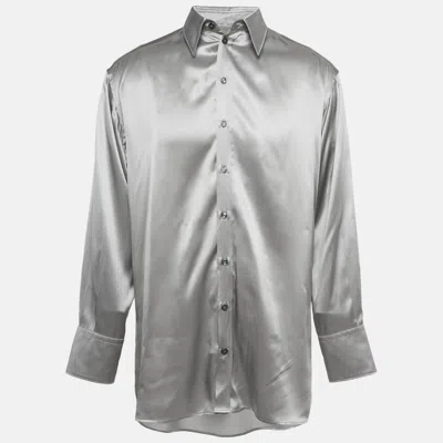 Pre-owned Dolce & Gabbana Metallic Grey Satin Silk Button Front Long Shirt M In Silver