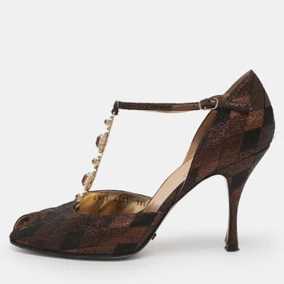 Pre-owned Dolce & Gabbana Metallic Lurex Fabric Peep Toe Ankle Strap Pumps Size 38.5 In Silver