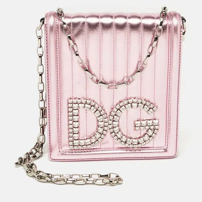 Pre-owned Dolce & Gabbana Metallic Pink Quilted Leather Dg Girls Crystals Shoulder Bag