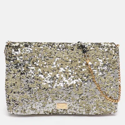Pre-owned Dolce & Gabbana Metallic Sequins Miss Charles Flap Bag In Silver