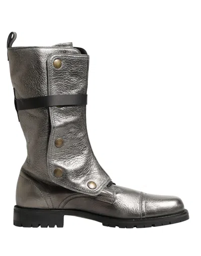 Dolce & Gabbana Metallic Silver Combat Biker Mid Calf Boots Shoes In Multi