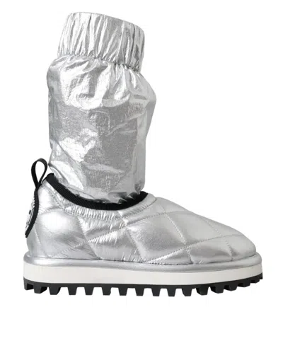 DOLCE & GABBANA METALLIC SILVER QUILTED LOGO PATCH BOOT SHOES