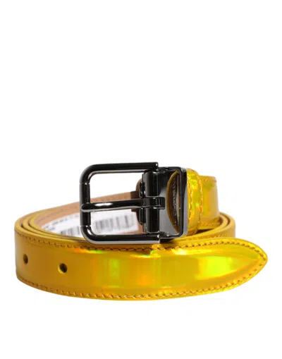 Pre-owned Dolce & Gabbana Metallic Yellow Leather Metal Logo Buckle Men's Belt ()