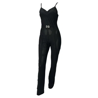 Pre-owned Dolce & Gabbana Mid 1990s  Dg Logo Buckle Sheer Black Bustier Stretch Catsuit