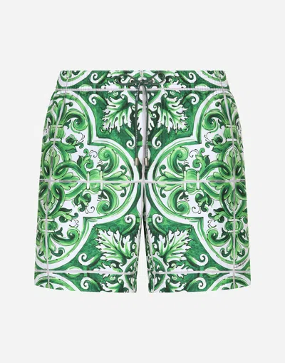Dolce & Gabbana Mid-length Majolica-print Swim Trunks In Green