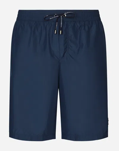 Dolce & Gabbana Mid-length Swim Trunks With Branded Plate In Blue