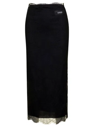 DOLCE & GABBANA MIDI BLACK SKIRT WITH RE-EDITION PATCH IN CHANTILLY LACE WOMAN