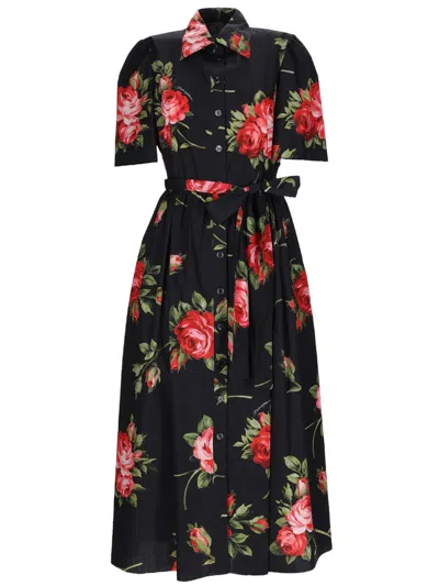 Dolce & Gabbana Belted Gathered Floral-print Cotton-poplin Midi Dress In Black