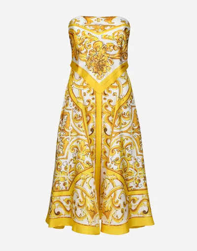 Dolce & Gabbana Maiolica-print Silk Twill Strapless Scarf Midi Dress In Yellow