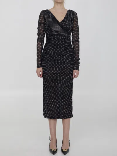 Dolce & Gabbana Draped Polka-dot Dress With Ruched Sleeves In Black