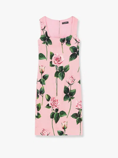 Dolce & Gabbana Pink Rose Print Satin Sheath Dress