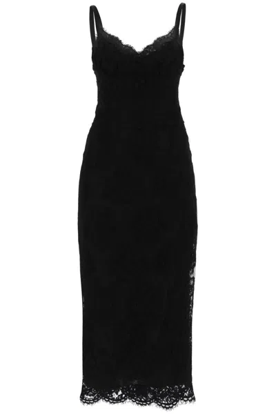 Dolce & Gabbana Abito Midi In Pizzo Con Spacco In Black