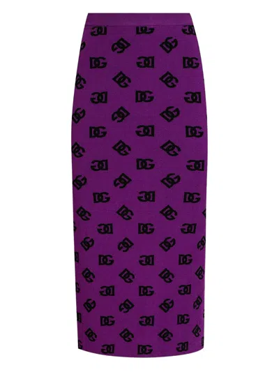 Dolce & Gabbana Midi Skirt With All-over Logo And Back Slit In Purple