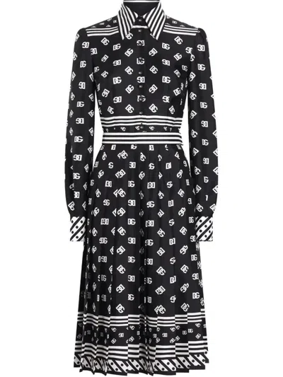Dolce & Gabbana Dg Logo-print Silk Shirt Dress In Black