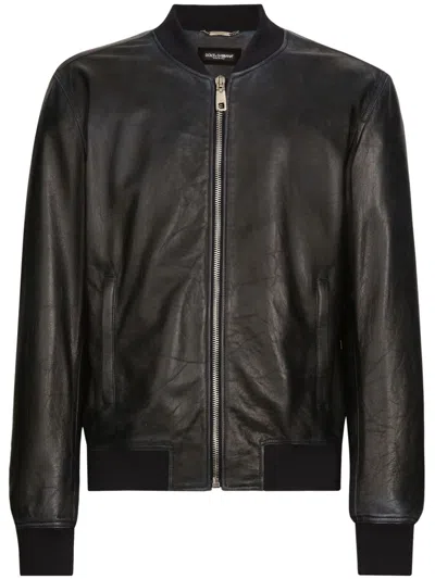 Dolce & Gabbana Zip-up Leather Bomber Jacket In Blue