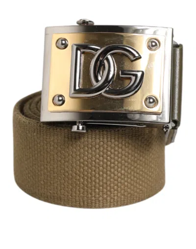Pre-owned Dolce & Gabbana Military Green Nylon Logo Metal Buckle Men's Belt ()