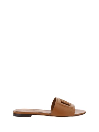Dolce & Gabbana Cut-out Logo Leather Slide Sandal In Brown