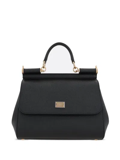 Dolce & Gabbana Mini Calfskin Crossbody Bag With Front Flap, Hidden Snap & Logo Tag In Nero