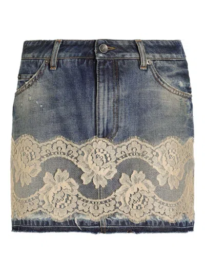 Dolce & Gabbana Mini Gonna In Denim Con Pizzo Bianco Dolce E Gabbana