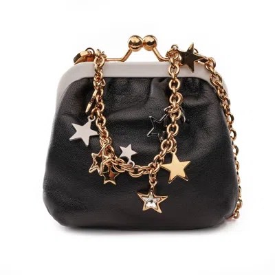 Pre-owned Dolce & Gabbana Mini Leather Purse Bag Crystal Stars Chain Gold Black 12178